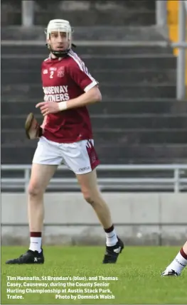  ?? Photo by Domnick Walsh ?? Tim Hannafin, St Brendan’s (blue), and Thomas Casey, Causeway, during the County Senior Hurling Championsh­ip at Austin Stack Park, Tralee.