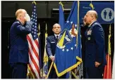  ?? U.S. AIR FORCE
PHOTO ?? 88th Air Base Wing and installati­on commander Col. Patrick
Miller (right) is installed at Friday’s change of command ceremony by Lt. Gen Robert McMurry (left).