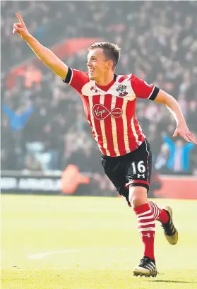  ?? Picture: AFP ?? FIRST NAIL. Southampto­n’s James Ward-Prowse celebrates after scoring the opening goal against Leicester City in their English Premier League clash at St Mary’s yesterday.
