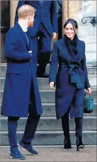  ?? FRANK AUGSTEIN/AP FILE PHOTO ?? In this Thursday, Jan.18, 2018 file photo, Britain’s Prince Harry and his fiancée Meghan Markle leave after a visit to Cardiff Castle in Cardiff, Wales. When Meghan wore The Dina style jean from the Hiut Denim Company, there was worldwide publicity...