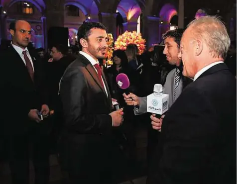  ??  ?? Tremendous support Shaikh Abdullah Bin Zayed Al Nahyan, Minister of Foreign Affairs talk to media during UAE’s official reception in Paris for Dubai Expo2020.
Courtesy: Dubai Media Office