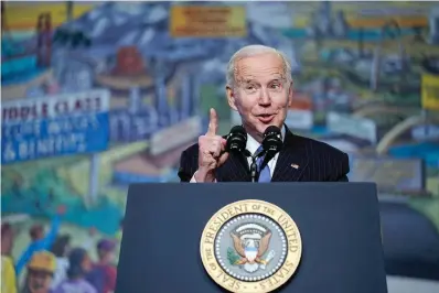  ?? The Associated Press ?? President Joe Biden speaks Wednesday at the North America’s Building Trades Unions (NABTU) Legislativ­e Conference at the Washington Hilton in Washington. The U.S. economy faces plenty of threats: War in Ukraine, high grocery bills, spiking gasoline prices, splintered supply chains, the lingering pandemic and rising interest rates that slow growth. The Biden White House is betting the U.S. economy is strong enough to withstand these threats, but there are growing fears of a coming economic slump among voters and some Wall Street analysts.