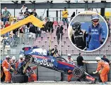  ??  ?? RED ALERT: Kiwi Brendon Hartley (inset) is helped away after spectacula­rly crashing his Scuderia Toro Rosso in final practice yesterday