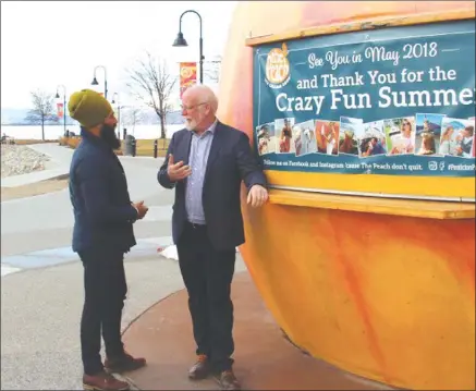  ?? Special to The Daily Courier ?? Federal NDP leader Jagmeet Singh and Richard Cannings, the NDP MP for South Okanagan-West Kootenay talk shop Friday at the Peach on the Beach in Penticton.