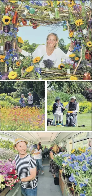  ??  ?? Clockwise from top, at the RHS Garden Harlow Carr Flower Show in Harrogate yesterday, Sophie Councell from Whixley in one of the floral picture frames; a spot of lunch; Jonathan Moseley (left) and his team of florists decorating the British Flower Bus;...