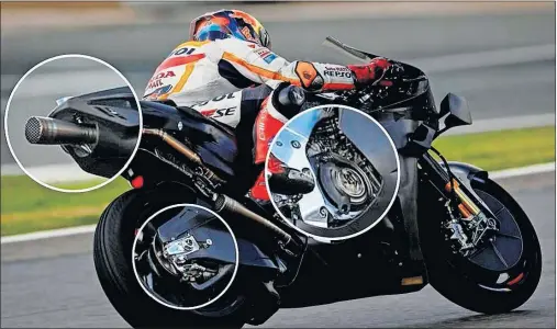  ??  ?? Stefan Bradl sobre la RC213V durante los test de Jerez. Sobre la imagen están destacadas las principale­s novedades que probó en la Honda.