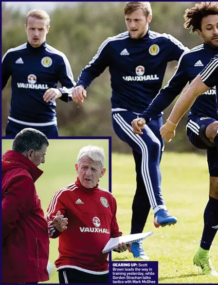  ??  ?? GEARING UP: Scott Brown leads the way in training yesterday, while Gordon Strachan talks tactics with Mark McGhee