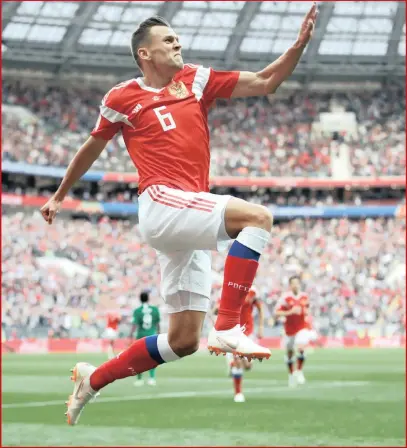  ?? PICTURE: REUTERS ?? Russia’s Denis Cheryshev celebrates scoring their second goal in the opening match of the World Cup. The hosts beat Saudi Arabia 5-0.