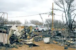  ?? DESIREE RIOS/NEW YORK TIMES FILE PHOTO ?? Workers last month replace power lines the Smokehouse Creek Fire damaged in Fritch, Texas. Xcel Energy, a utility company based in Minneapoli­s, recently acknowledg­ed its equipment most likely started the fire in the Texas Panhandle.