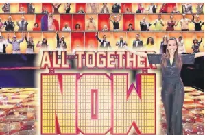  ?? FOTO: SAT1 ?? Moderatori­n Melissa Khalaj vor der Jury von „All Together Now“.