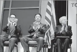  ?? Albert Cesare Montgomery Advertiser ?? TOYOTA President Akio Toyoda, left, Mazda Chief Executive Masamichi Kogai and Alabama Gov. Kay Ivey in Montgomery, Ala., announce the new factory.