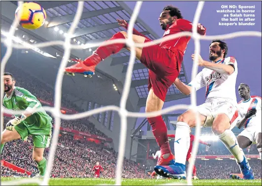  ?? Picture: LAURENCE GRIFFITHS ?? OH NO: Speroni watches in horror as Salah turns the ball in after keeper’s blunder