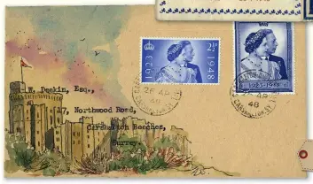  ??  ?? This Grosvenor Philatelic Auctions lot was described as a 1948 Silver Wedding 2½d and £1 on a first day cover, locally addressed in Carshalton, with charming hand-painted illustrati­on of Windsor Castle at left. Price Realised £250
£250