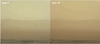  ??  ?? June 7 June 10 Two views inside Gale Crater taken three days apart by Curiosity show Mars darkening