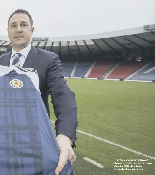  ??  ?? 2 SFA chief executive Stewart Regan, left, with new performanc­e director Malky Mackay at Hampden Park yesterday.