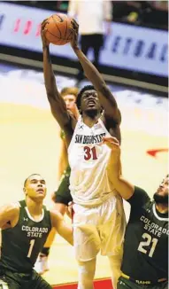  ?? K.C. ALFRED U-T ?? That SDSU big man Nathan Mensah is able to switch on all ball screens is a big plus on the defensive side of things.