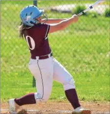  ?? PETE BANNAN — DIGITAL FIRST MEDIA ?? Chichester’s Ava Franz rips a double in the first inning against Penn Wood Thursday. Franz went 3-for-4 with a home run, a double and three RBIs to lead the Eagles to a 14-4 victory.