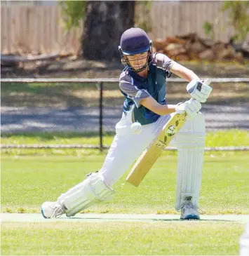  ?? ?? Patrick Sheehan gets well down the wicket early in the division three game between Yarragon and Neerim District. Photograph­s: Michael Robinson.