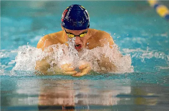  ?? PHOTO: DAVID UNWIN/FAIRFAX NZ ?? Palmerston North Boys’ High School’s Xavier Hill, here in the 50m breaststro­ke, was one of the star swimmers at the North Island championsh­ips on Saturday.