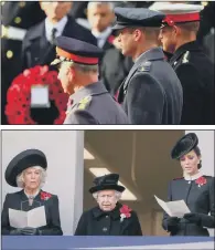  ?? PICTURES: PA WIRE. ?? ROYAL DAY: Top, the Prince of Wales, the Duke of Cambridge and the Duke of Sussex at the service at the Cenotaph. Above, the Queen with the Duchess of Cornwall and the Duchess of Cambridge.