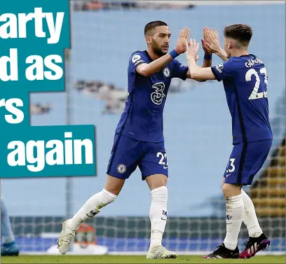  ??  ?? Hakim Ziyech celebrates scoring for Chelsea with Billy Gilmour at the Etihad Stadium