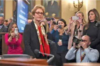  ?? AP PHOTO BY ANDREW HARNIK ?? Former U.S. Ambassador to Ukraine Marie Yovanovitc­h arrives to testify to the House Intelligen­ce Committee on Capitol Hill in Washington on Nov. 15, 2019, during the second public impeachmen­t hearing of President Donald Trump.