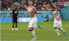  ?? Photograph: Adam Davy/PA ?? Andrej Kramaric celebrates after scoring Croatia’s third goal against Canada – his second of the match.