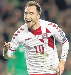  ??  ?? Denmark hat-trick hero Christian Eriksen celebrates. Picture: