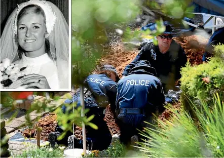  ?? FAIRFAX ?? NSW Police and Forensic Services personnel are seen sifting through dirt as they search the former home of missing woman Lynette Dawson, inset, at Bayview on the northern beaches, in Sydney.