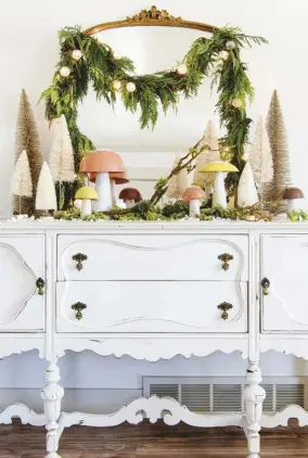 ?? ?? |ABOVE, LEFT| WOODLAND WONDER. Alyssa finds mushrooms and moss enchanting and magical. “Throughout the year, I decorate with them,” she says. For the holidays, she sprinkles faux snow around her metal Anthropolo­gie mushrooms and moss for a wintry look.
