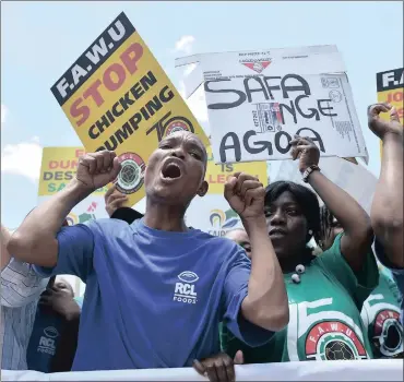  ?? PHOTO: OUPA MOKOENA ?? Workers from various South African poultry sectors march to the EU headquarte­rs in Pretoria furious over cheap imports, which is nothing more than dumping, says the writer, and mounting job losses.