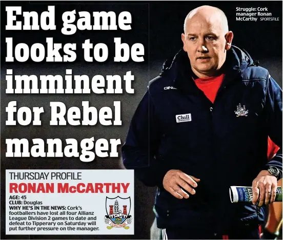  ??  ?? Struggle: Cork manager Ronan McCarthy