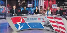  ?? Virginia Sherwood NBC ?? MSNBC’S team — Chris Hayes, left, Joy Reid, Rachel Maddow, Nicolle Wallace, Ari Melber — is ready for election coverage. This time, they beat CNN in ratings.