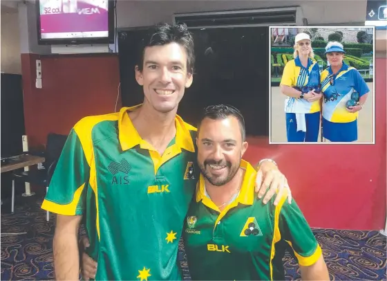  ??  ?? Australian pairs team Nathan Rice and Ray Pearse after success at Musgrave Hill, and (inset) Joan Tennant and Cheryl Hutchinson. Pictures: BOWLS AUS/GCTDLBA