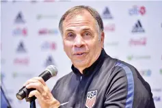  ?? — AFP photo ?? US national football coach Bruce Arena gestures during a press conference before a training session ahead of the World Cup qualifier match against Mexico at Azteca stadium in Mexico City on June 10, 2017.