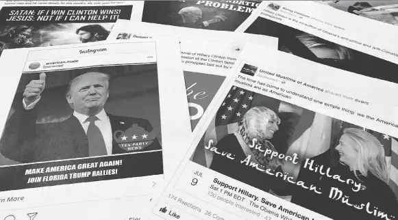  ?? JON ELSWICK/AP FILES ?? These Facebook and Instagram ads were linked to a Russian effort to disrupt the American elections in 2016. Russians and other parties with destructiv­e agendas have not only meddled in the United States using social media as weapons — they have tried...