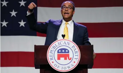  ?? Photograph: Charlie Neibergall/AP ?? Will Hurd, Republican presidenti­al candidate and ex-Texas representa­tive speaks at the Republican party of Iowa's 2023 Lincoln dinner in Des Moines, on 28 July.