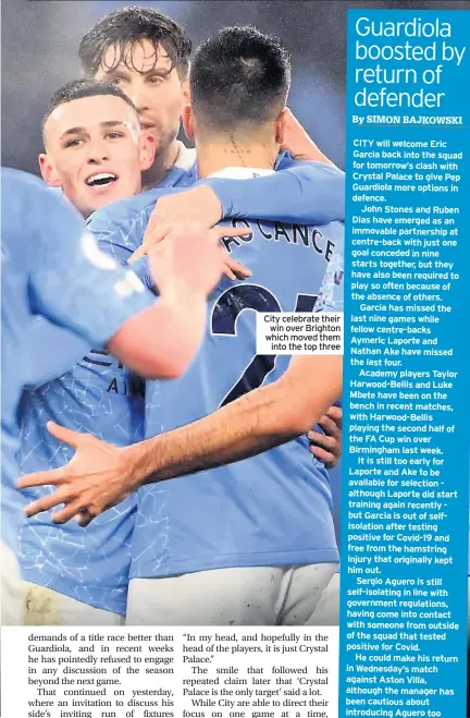  ??  ?? City celebrate their win over Brighton which moved them into the top three