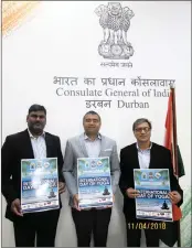  ??  ?? All ready for Internatio­nal Yoga Day is Ishwar Ramlutchma­n, left, Indian Consul-General Shashank Vikram and SK Rawat.