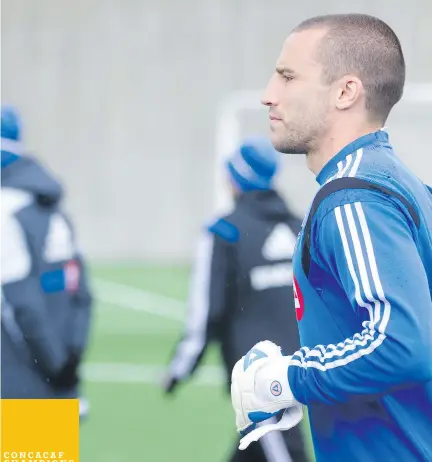  ?? DARIO AYALA/MONTREAL GAZETTE ?? Impact goalie Evan Bush arrives for a team practice at Saputo Stadium on Monday. The Impact is preparing for Wednesday’s final against Club America for the CONCACAF Champions League title.