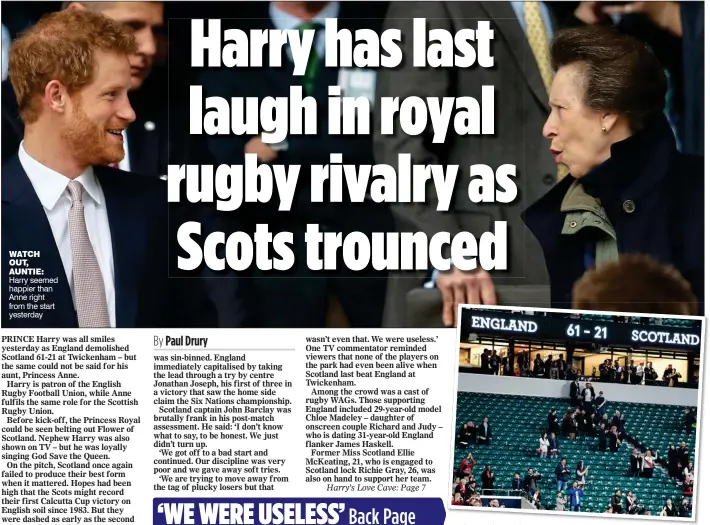  ??  ?? DISMAL: Scots left early as the scoreboard told its own sorry tale WATCH OUT, AUNTIE: Harry seemed happier than Anne right from the start yesterday