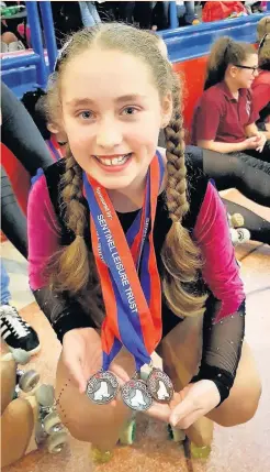  ??  ?? REBEKAH KENNY, 10, from Burscough has gone from strength to strength since joining Skating Edge Academy Artistic Roller Skating Club in Manchester. She has won nine medals (one gold, five silver and three bronze) over the past 18 months at six...