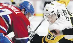  ?? ALLEN MCINNIS/ MONTREAL GAZETTE ?? Sidney Crosby didn’t score, but his team did beat Torrey Mitchell and the Canadiens 4-1 Wednesday.