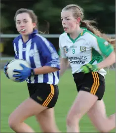 ??  ?? Ellen Duggan of Adamstown on the move away from Ballygarre­tt’s Emily Riley during the Division 2 final.
