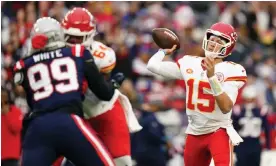 ?? ?? Patrick Mahomes passed for 305 yards and two scores to help Kansas City beat the New England Patriots 27-17 on Sunday. Photograph: David Butler II/USA Today Sports