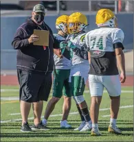  ?? Bobby Block/The Signal ?? Canyon High football head coach Joe Maiale works with his players during a preseason practice as the team gets ready for its five-game Foothill League schedule.