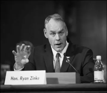  ?? J. SCOTT APPLEWHITE / AP ?? Interior Secretary-designate Rep. Ryan Zinke, R-Mont., testifies Tuesday at his confirmati­on hearing before the Senate Energy and Natural Resources Committee on Capitol Hill in Washington. Zinke, 55, a former Navy SEAL who just won his second term in...