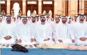  ??  ?? Sheikh Mohammed bin Rashid and other sheikhs and officials offer Eid prayers at the Zaabeel Mosque.
