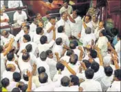  ??  ?? DMK legislator­s cause an uproar in the House after the Speaker ordered their eviction on Saturday. PTI