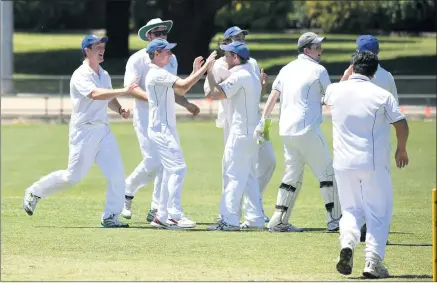  ??  ?? YOU BEAUTY: Youth Club players celebrate Cam Kimber’s efforts in running out Aradale’s Riley Wood during Grampians Cricket Associatio­n action at Stawell’s Central Park. Pictures: PAUL CARRACHER